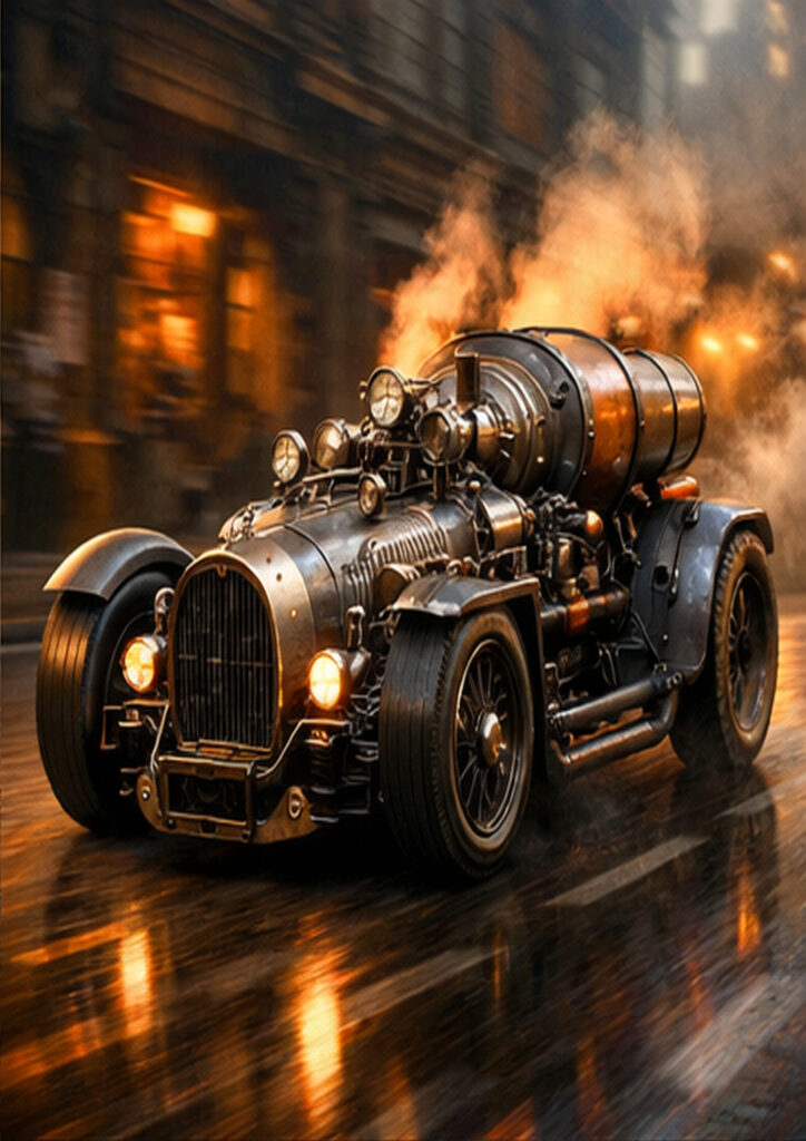 Steampunk vehicle artwork depicting an imaginative transport machine inspired by industrial-era engineering.