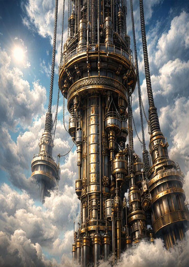 Retro-futuristic steampunk landscape artwork inspired by industrial-era technology and mechanical environments.