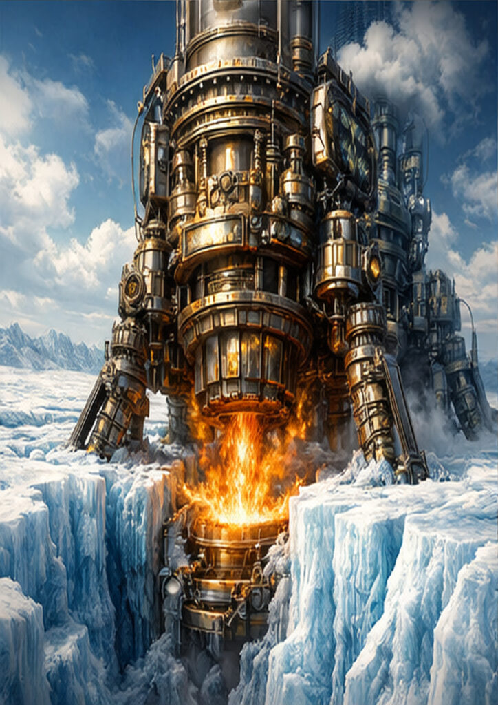 Retro-futuristic steampunk landscape artwork inspired by industrial-era technology and mechanical environments.