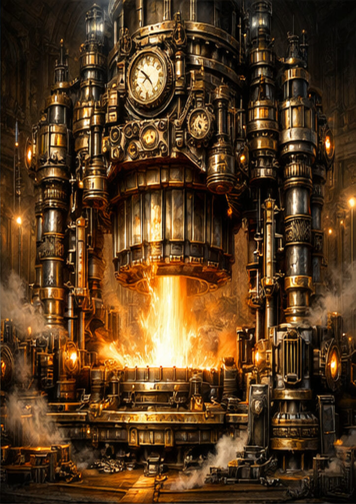 Retro-futuristic steampunk landscape artwork inspired by industrial-era technology and mechanical environments.