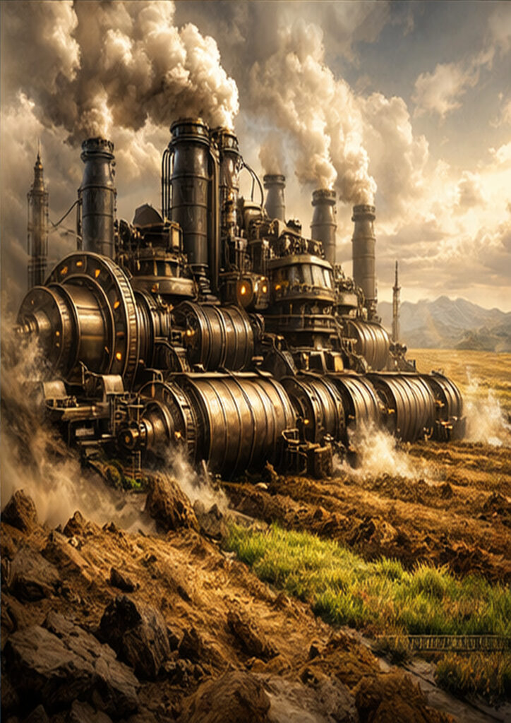 Retro-futuristic steampunk landscape artwork inspired by industrial-era technology and mechanical environments.