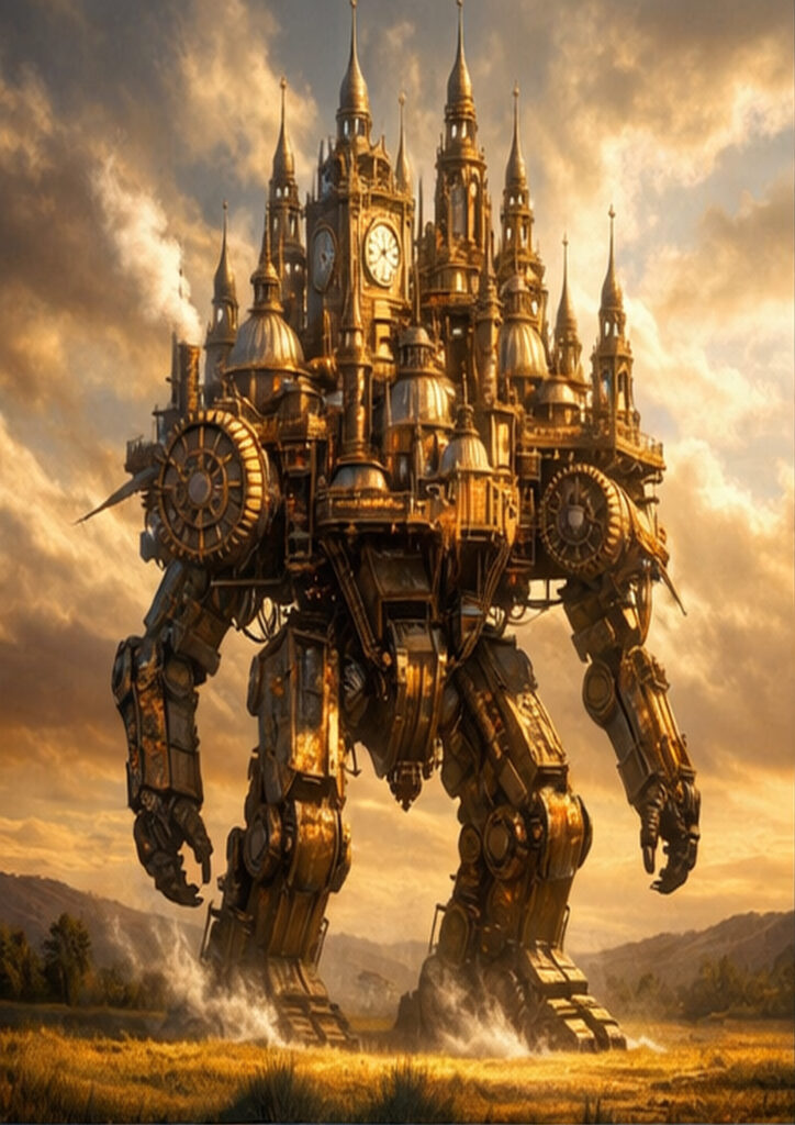 Steampunk vehicle artwork depicting an imaginative transport machine inspired by industrial-era engineering.