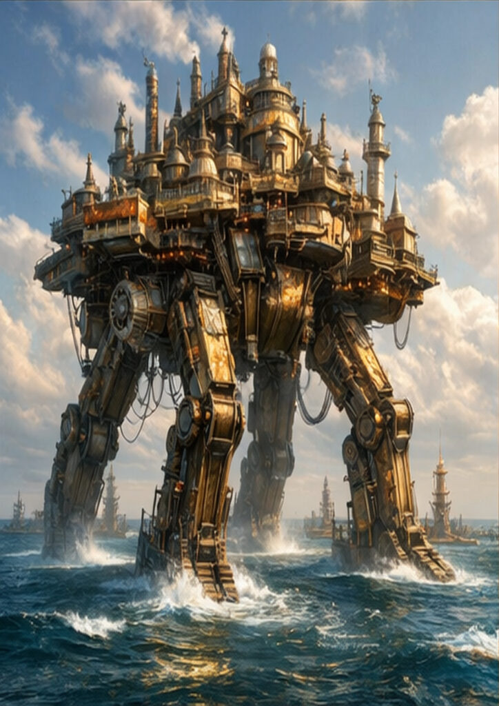 Steampunk vehicle artwork depicting an imaginative transport machine inspired by industrial-era engineering.