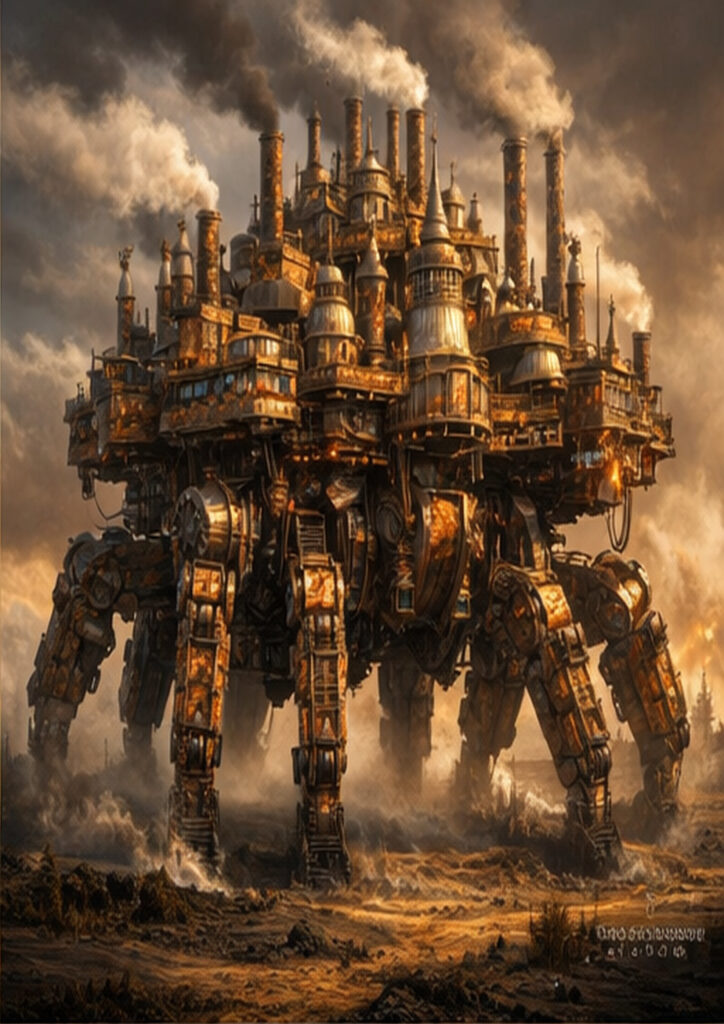 Steampunk vehicle artwork depicting an imaginative transport machine inspired by industrial-era engineering.