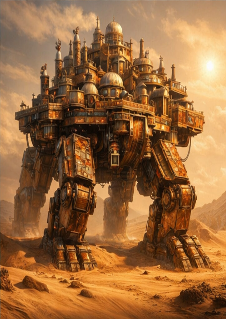 Steampunk vehicle illustration featuring a mechanical machine powered by steam and intricate gears.