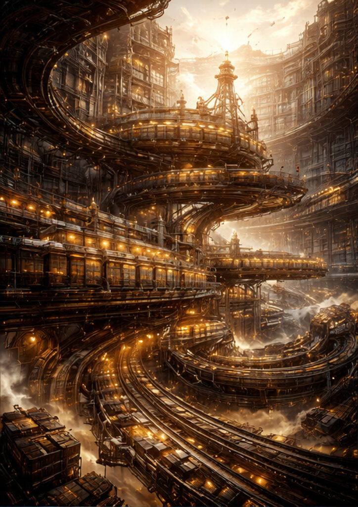 Retro-futuristic steampunk landscape artwork inspired by industrial-era technology and mechanical environments.