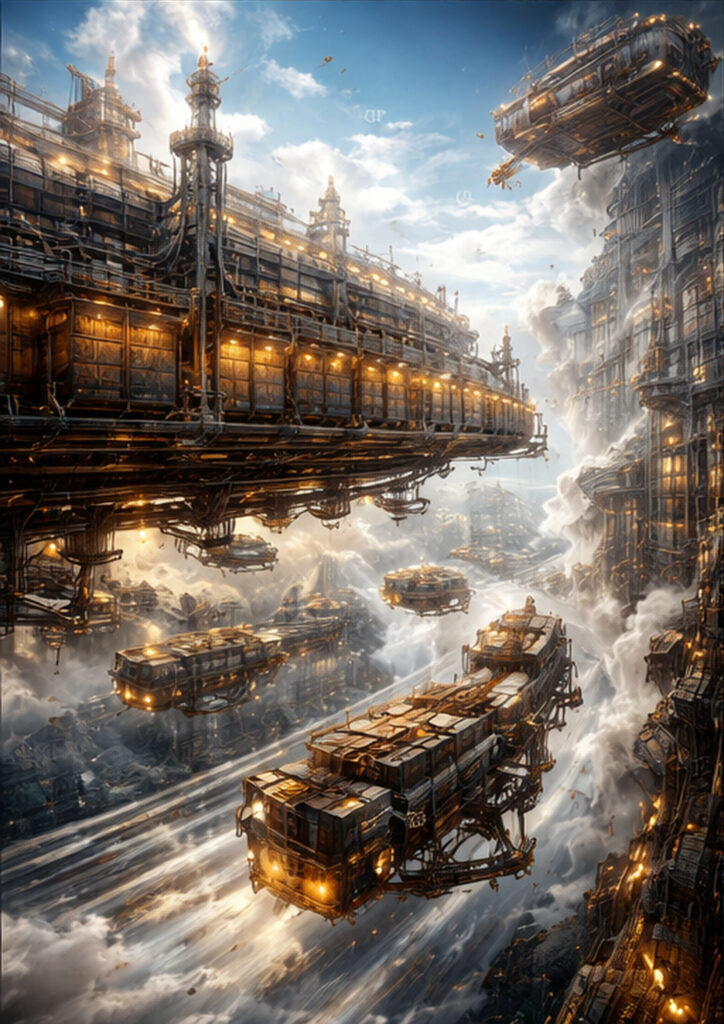 Steampunk landscape illustration featuring vast industrial architecture integrated into a mechanical world.