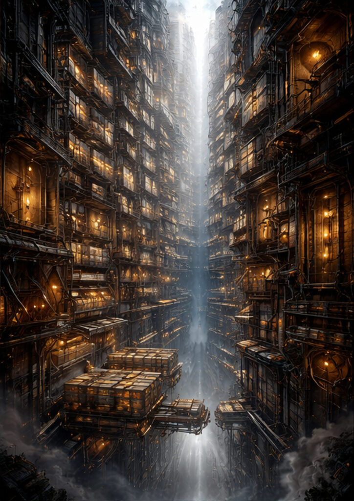 Steampunk landscape illustration featuring vast industrial architecture integrated into a mechanical world.