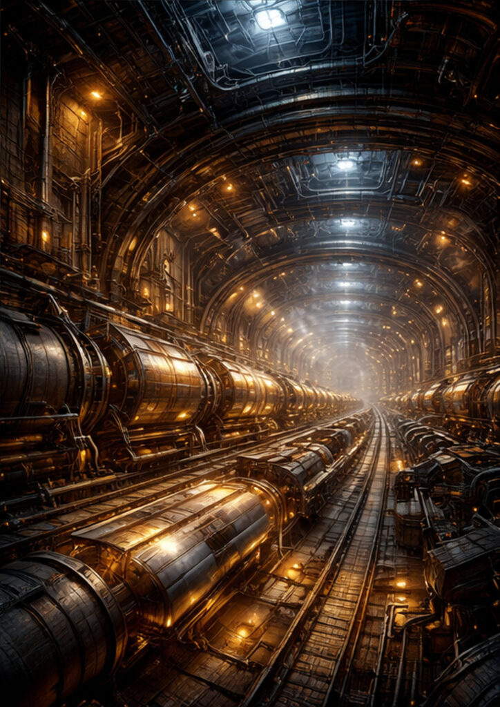 Steampunk landscape illustration featuring vast industrial architecture integrated into a mechanical world.