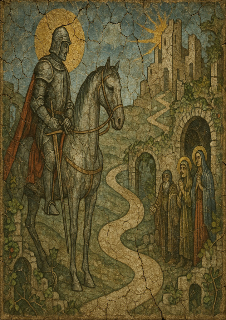 Historic medieval fresco illustration, aged pigments on plaster wall, classic church mural style artwork