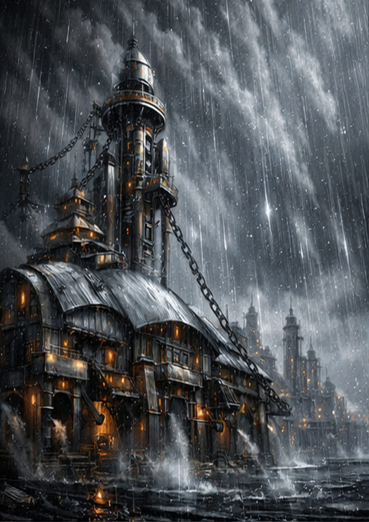 Steampunk landscape illustration featuring vast industrial architecture integrated into a mechanical world.