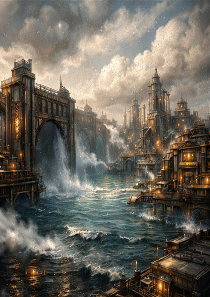 Steampunk landscape illustration featuring vast industrial architecture integrated into a mechanical world.