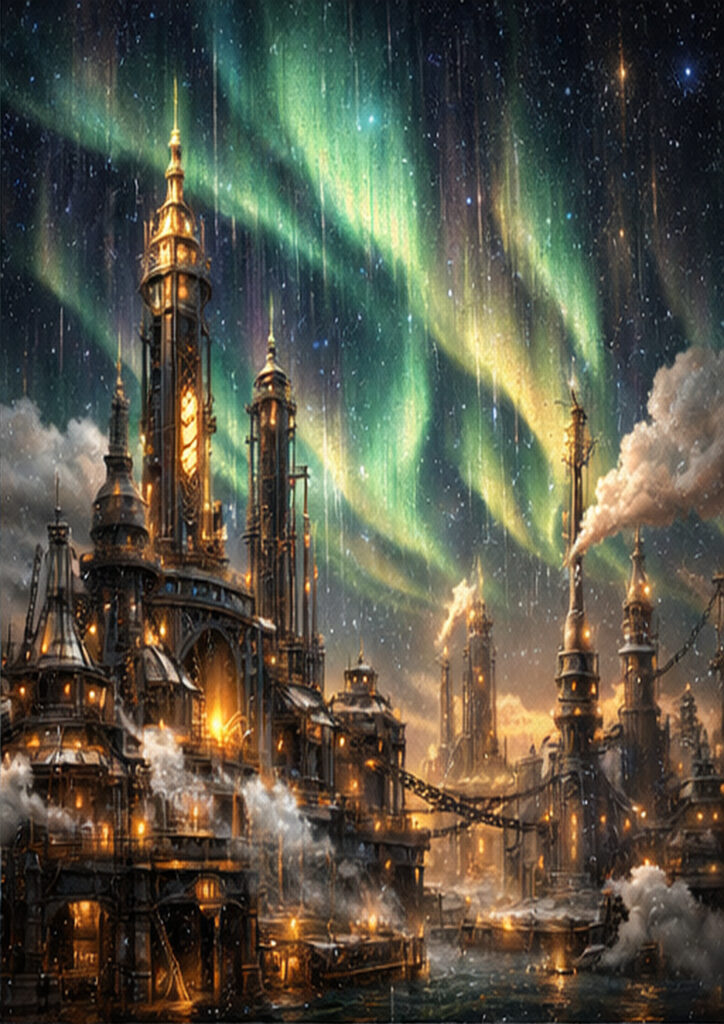 Atmospheric steampunk landscape artwork showing a retro-futuristic environment filled with steam-powered machinery.