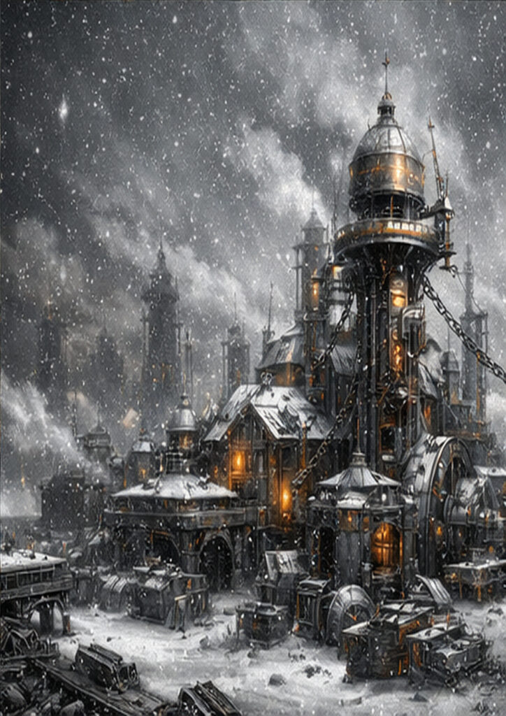 Atmospheric steampunk landscape artwork showing a retro-futuristic environment filled with steam-powered machinery.