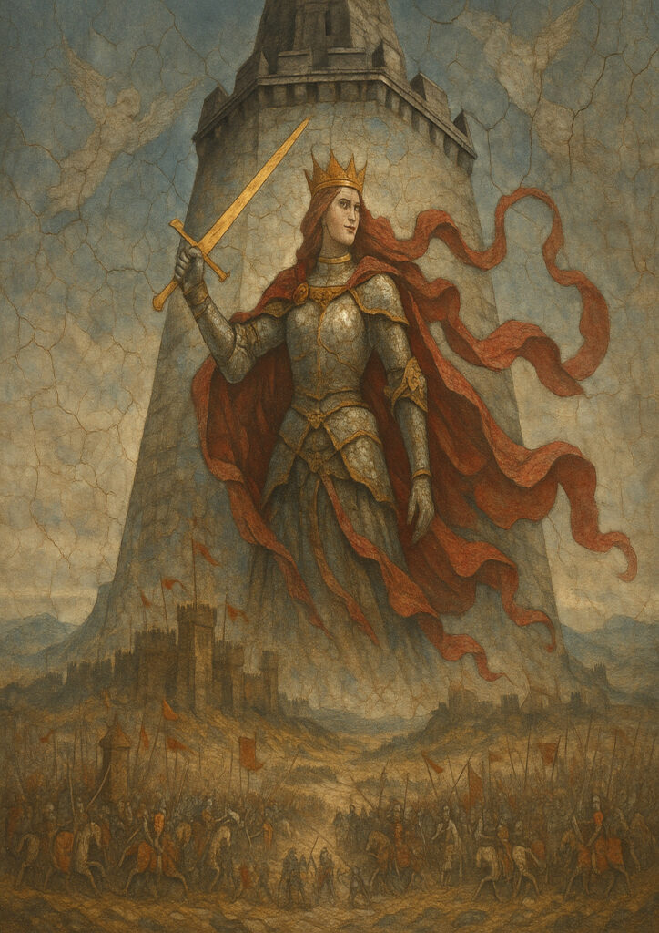 Medieval fresco style painting, weathered wall texture, traditional European medieval mural art