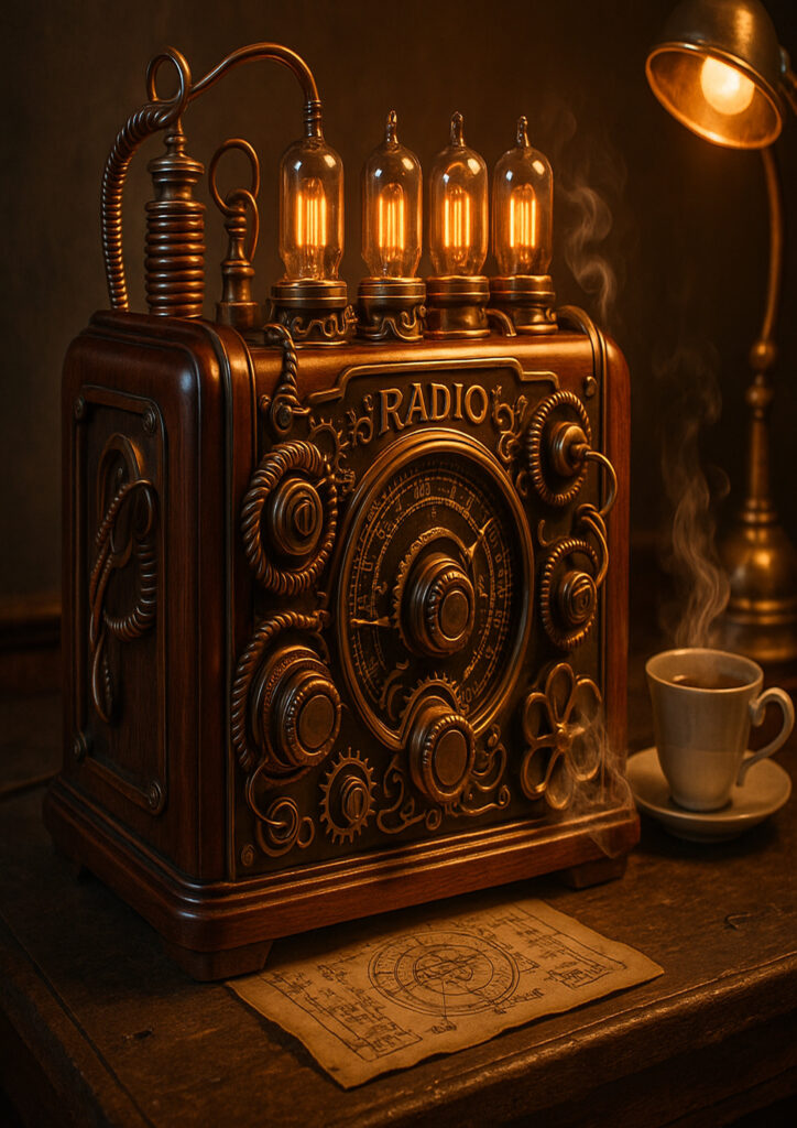 Illustration of a common object reimagined as a steampunk artifact with mechanical mechanisms and pipes.