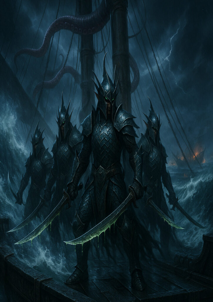 Cinematic warhammer inspired dark elf illustration