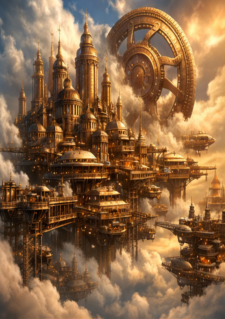 Atmospheric steampunk landscape artwork showing a retro-futuristic environment filled with steam-powered machinery.