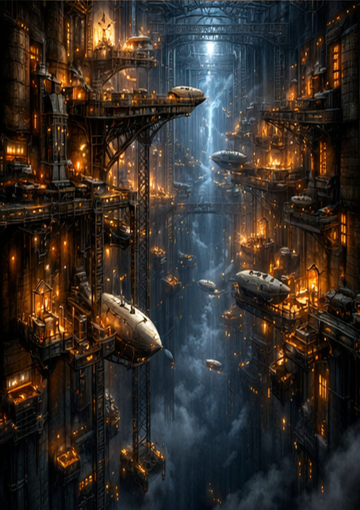 Atmospheric steampunk landscape artwork showing a retro-futuristic environment filled with steam-powered machinery.
