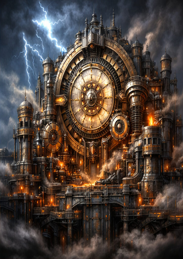Atmospheric steampunk landscape artwork showing a retro-futuristic environment filled with steam-powered machinery.
