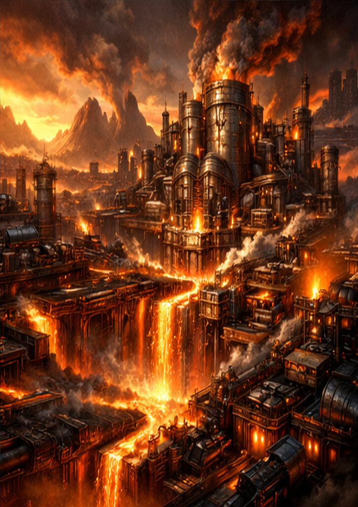 Steampunk landscape illustration depicting an industrial city shaped by steam, gears, and mechanical structures.