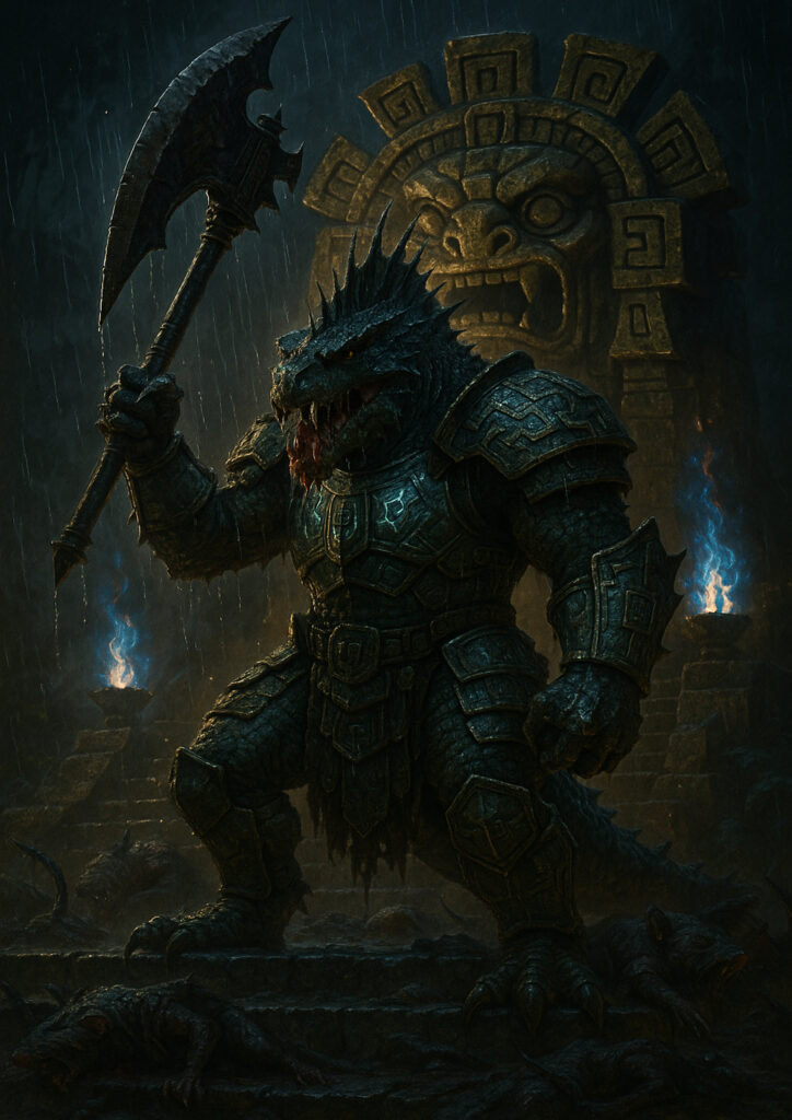 Epic warhammer inspired lizardmen battlefield scene