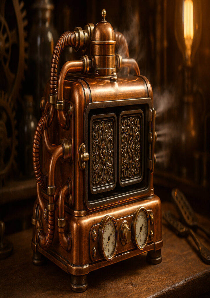 Illustration of a common object reimagined as a steampunk artifact with mechanical mechanisms and pipes.