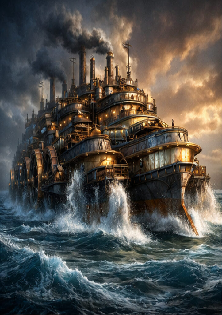 Steampunk vehicle illustration featuring a mechanical machine powered by steam and intricate gears.