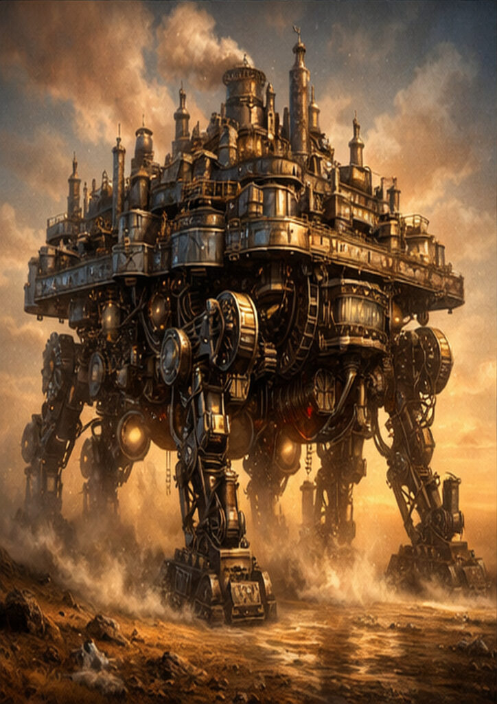 A selection of steampunk vehicle artworks combining retro-futuristic design with detailed mechanical construction and industrial aesthetics.