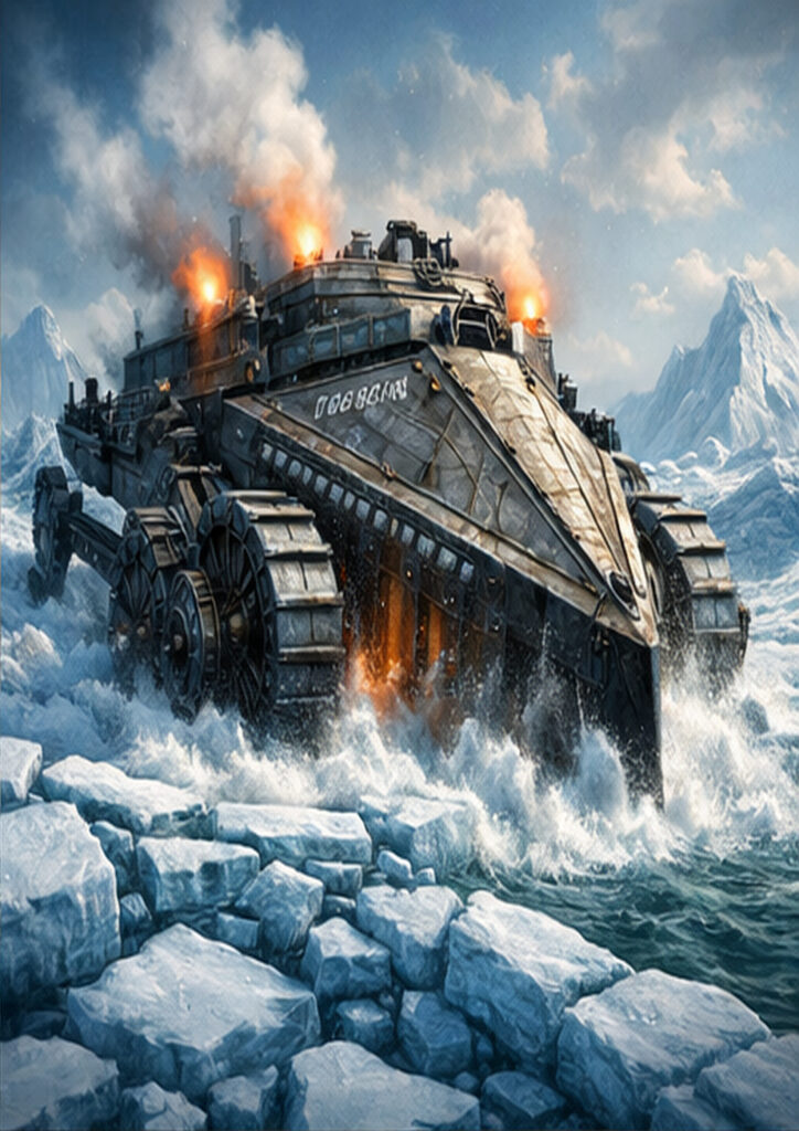 A selection of steampunk vehicle artworks combining retro-futuristic design with detailed mechanical construction and industrial aesthetics.