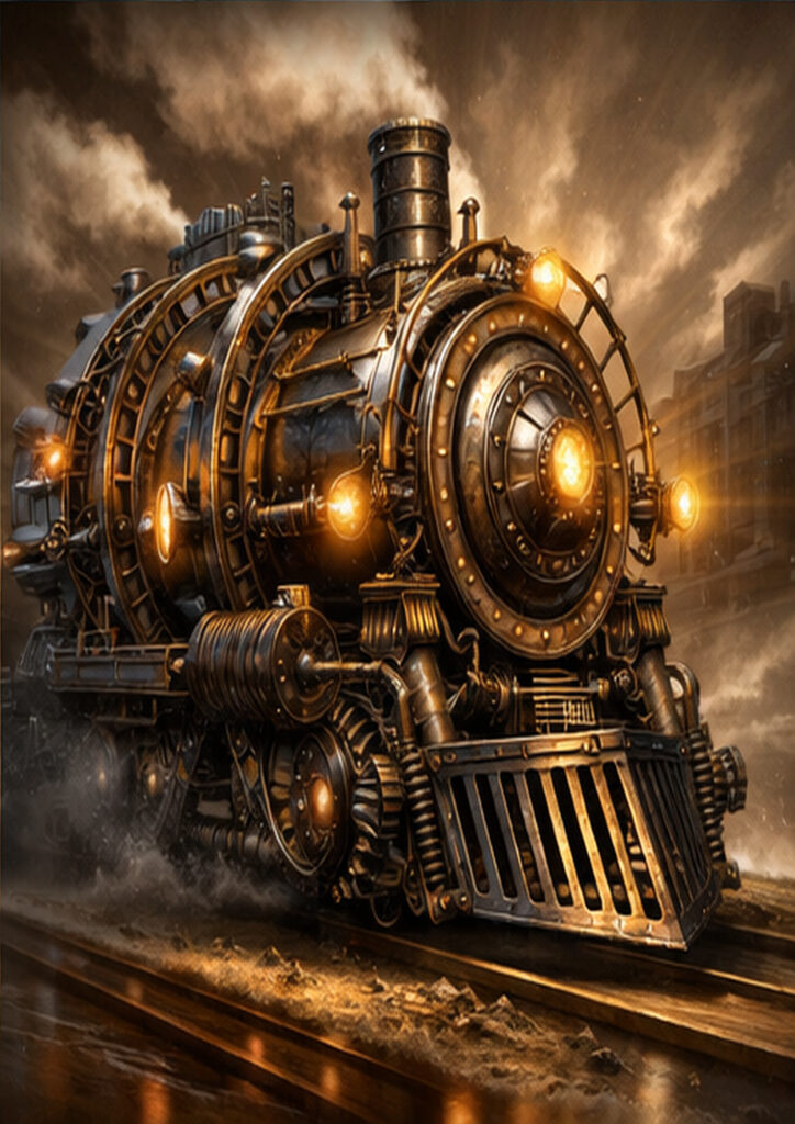 A selection of steampunk vehicle artworks combining retro-futuristic design with detailed mechanical construction and industrial aesthetics.