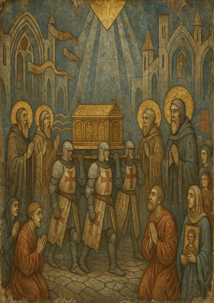 Medieval fresco style painting, weathered wall texture, traditional European medieval mural art