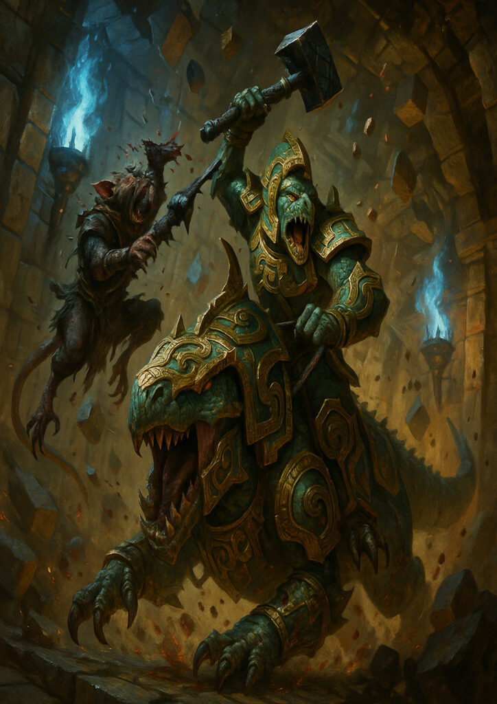 Epic warhammer inspired lizardmen battlefield scene