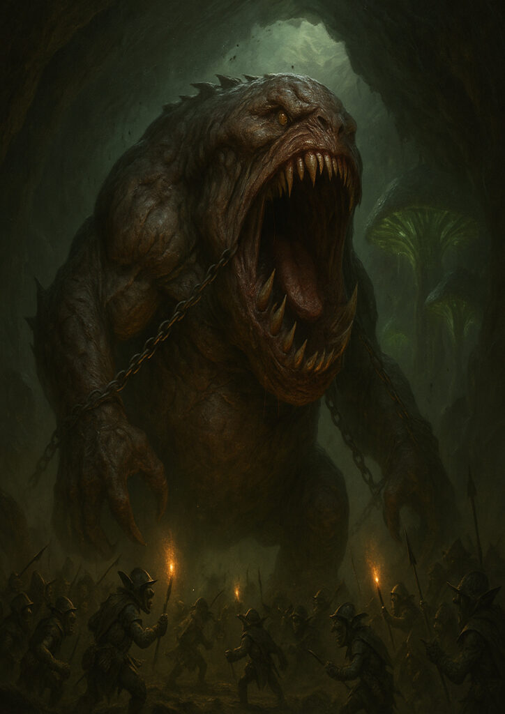 Cinematic warhammer inspired orks and goblins illustration