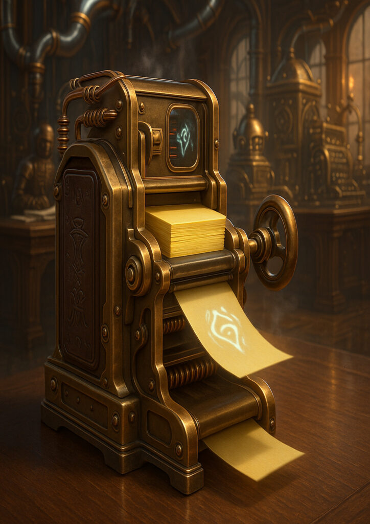 Illustration of a common object reimagined as a steampunk artifact with mechanical mechanisms and pipes.