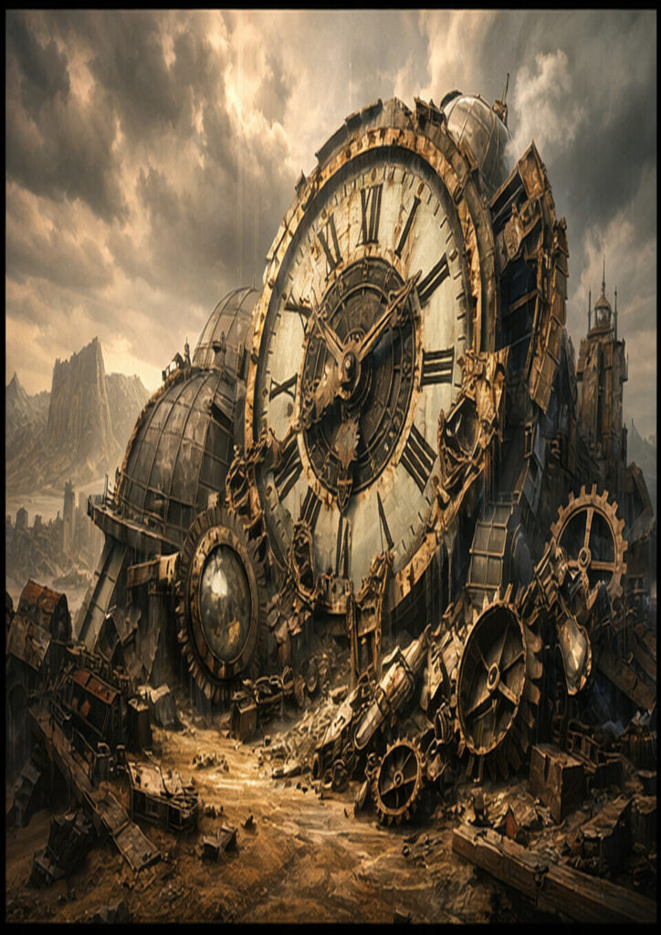 Steampunk landscape illustration depicting an industrial city shaped by steam, gears, and mechanical structures.