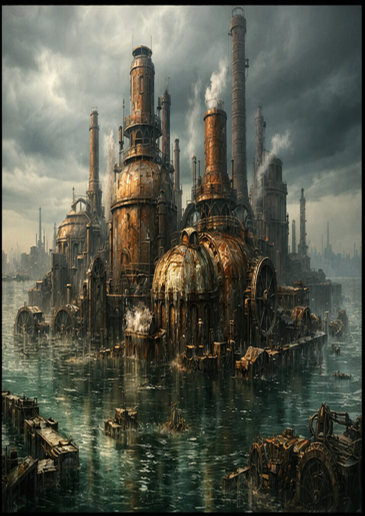 Steampunk landscape illustration depicting an industrial city shaped by steam, gears, and mechanical structures.