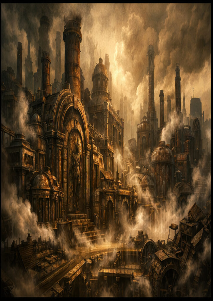 Steampunk landscape illustration depicting an industrial city shaped by steam, gears, and mechanical structures.