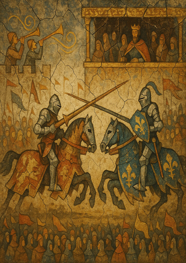 Medieval fresco style painting, weathered wall texture, traditional European medieval mural art