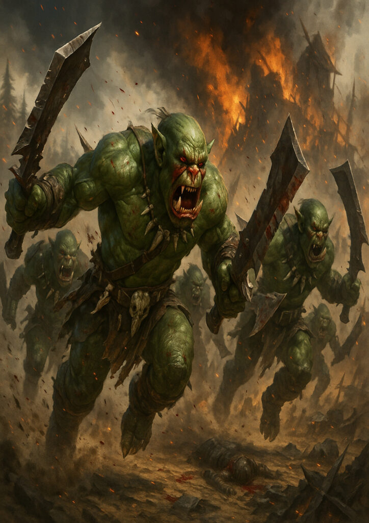 Cinematic warhammer inspired orks and goblins illustration