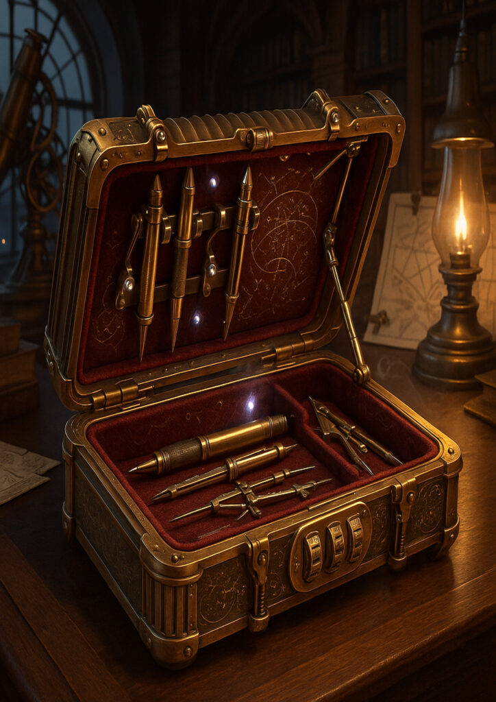 Illustration of a common object reimagined as a steampunk artifact with mechanical mechanisms and pipes.