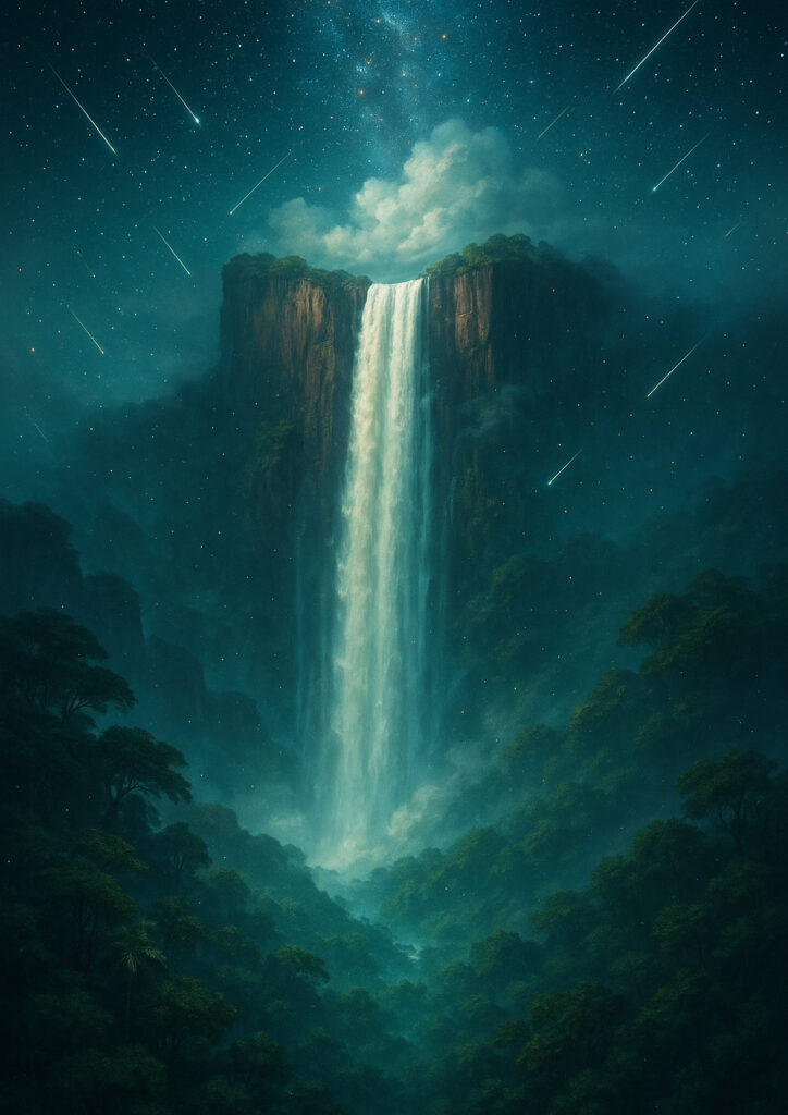fantasy waterfall landscape artwork with mist and light