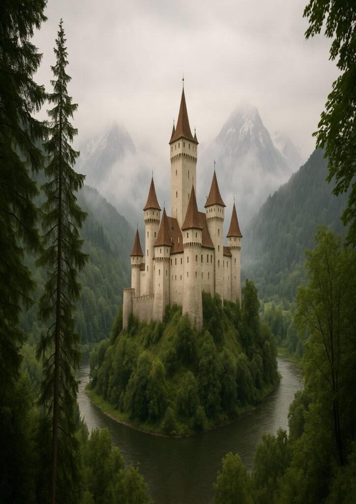 Photorealistic medieval fortress, realistic castle architecture, epic fantasy castle wall decor, high quality print