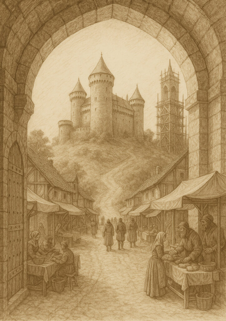 Fantasy castle sepia sketch artwork, architectural drawing style, vintage medieval castle illustration