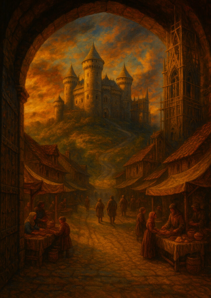 Fantasy castle painterly illustration, hand-painted look, artistic medieval fortress wall decor