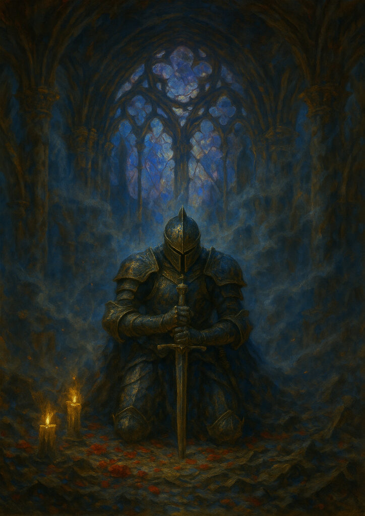 Epic fantasy knight character in heavy armor, detailed medieval armor design, high quality digital wall art