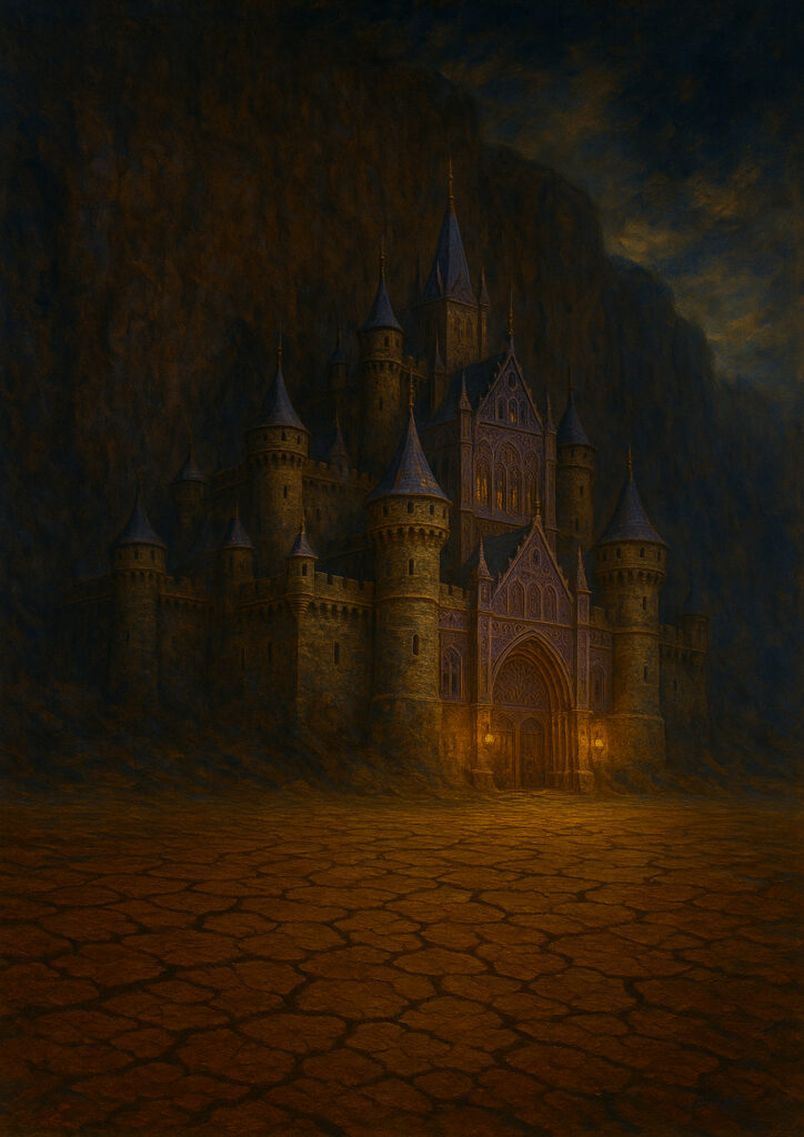 Medieval fantasy castle illustration, majestic stone fortress, classic fantasy architecture, wall art printable