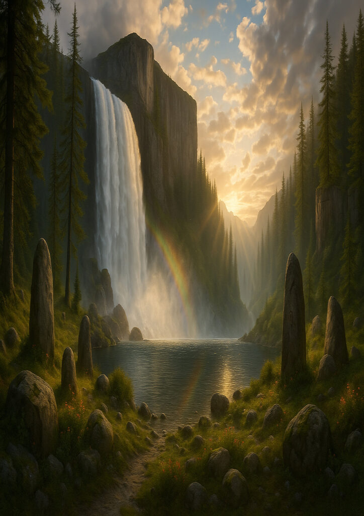 photorealistic waterfall landscape image with natural mist