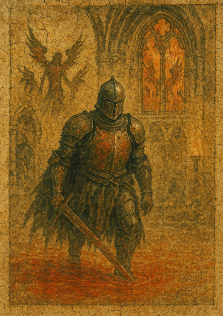 Fantasy knight fresco art, medieval wall painting style, antique plaster texture, traditional knight illustration