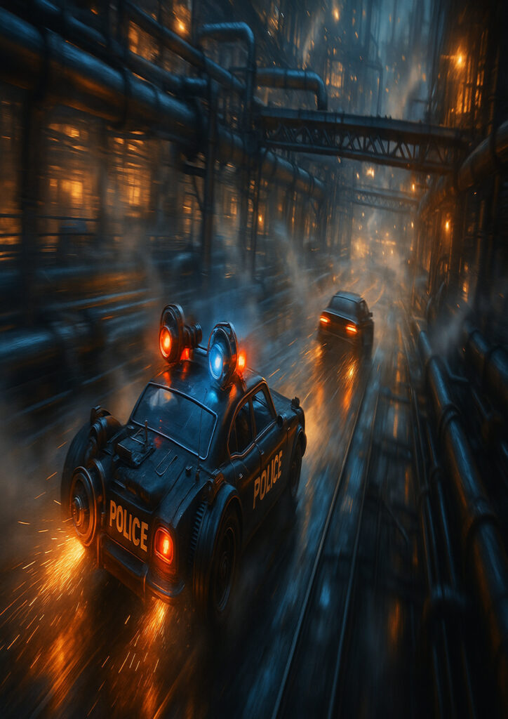 Retro-futuristic steampunk vehicle artwork showing a steam-powered machine with intricate metal details.